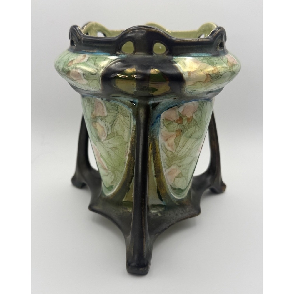 Antique Bohemian Art Nouveau Iridescent Tripod Ceramic Vase Dressler? 1890-1910 - Picture 2 of 15